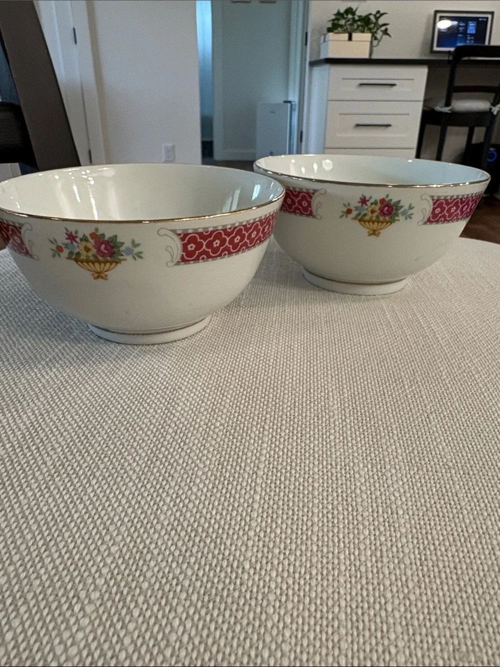 Vintage Chinese White Porcelain Rose Bouquet Rice Bowl-Set of 2